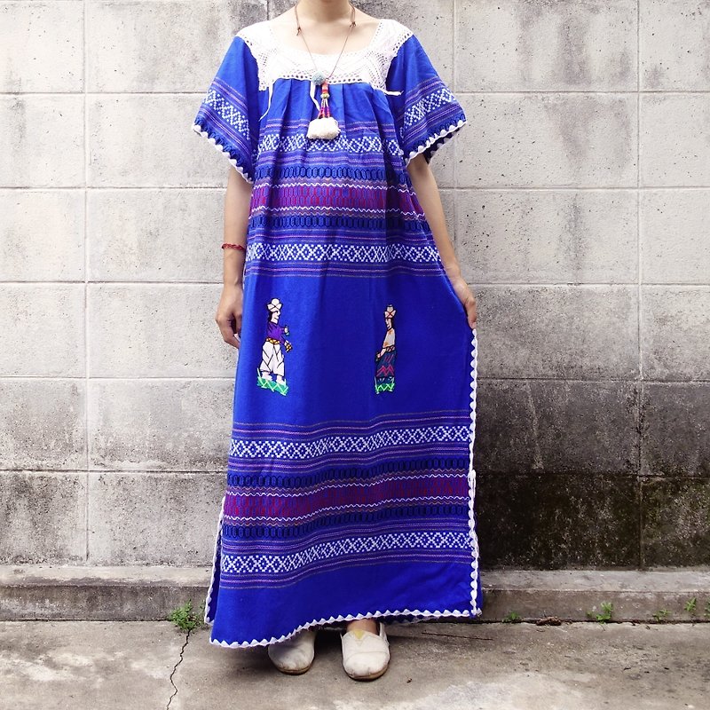 BajuTua /古着/ 90's 厄瓜多尔尔宝蓝色小人偶刺绣传统连身裙 - 洋装/连衣裙 - 聚酯纤维 蓝色