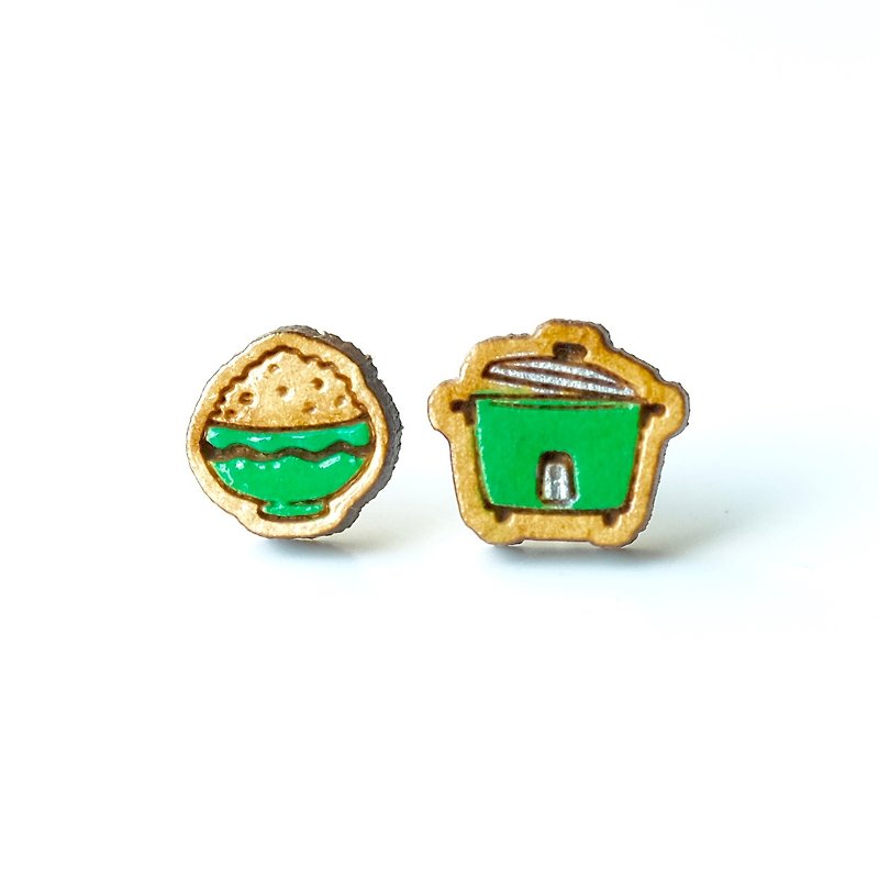 彩绘木耳环-电锅&饭 (绿) - 耳环/耳夹 - 木头 绿色