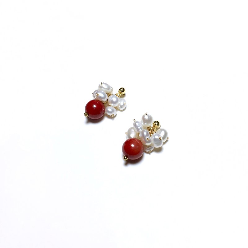 【若桑】【泉】艳色。红珊瑚&天然珍珠。进口18k包金耳环/耳钉/耳夹/无耳洞适用。 - 耳环/耳夹 - 宝石 红色