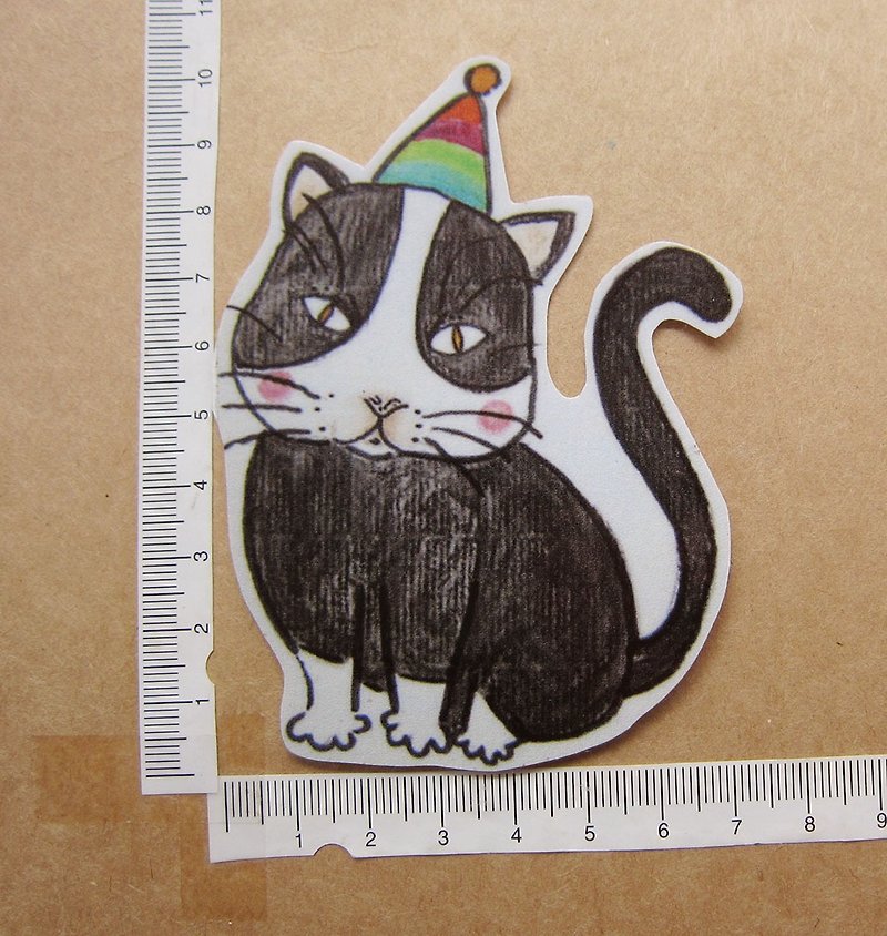 手绘插画风格 完全 防水贴纸 黑白 奔驰猫 过生日 - 贴纸 - 防水材质 黑色