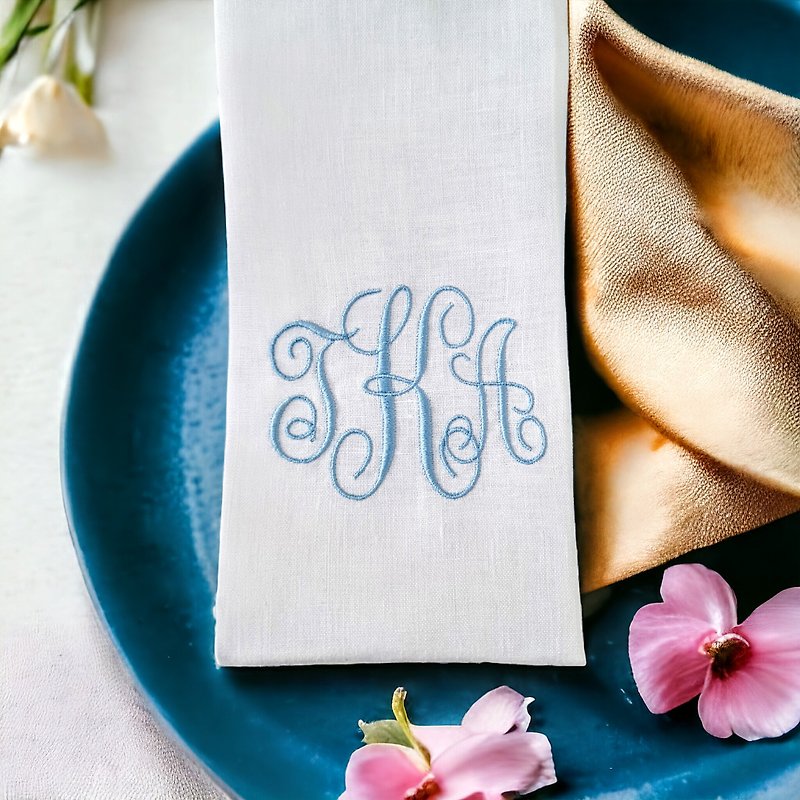 定制化字母刺绣麻布餐巾套装/个人化礼物 - 餐垫/桌巾 - 亚麻 白色