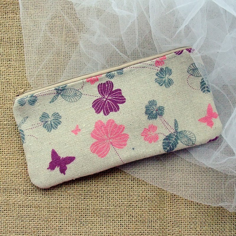 拉链收纳布包  笔袋  化妆袋  手拿包 (蝴蝶和花儿) (ZL-113) - 铅笔盒/笔袋 - 棉．麻 粉红色