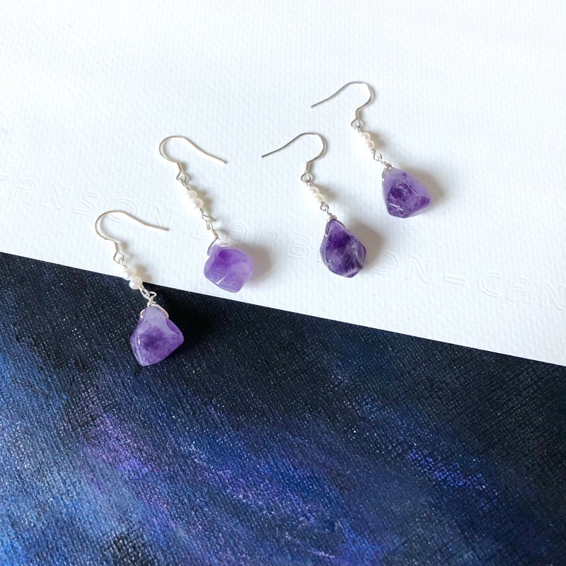 福利品925纯银紫水晶珍珠耳环不规则形 - 耳环/耳夹 - 宝石 紫色