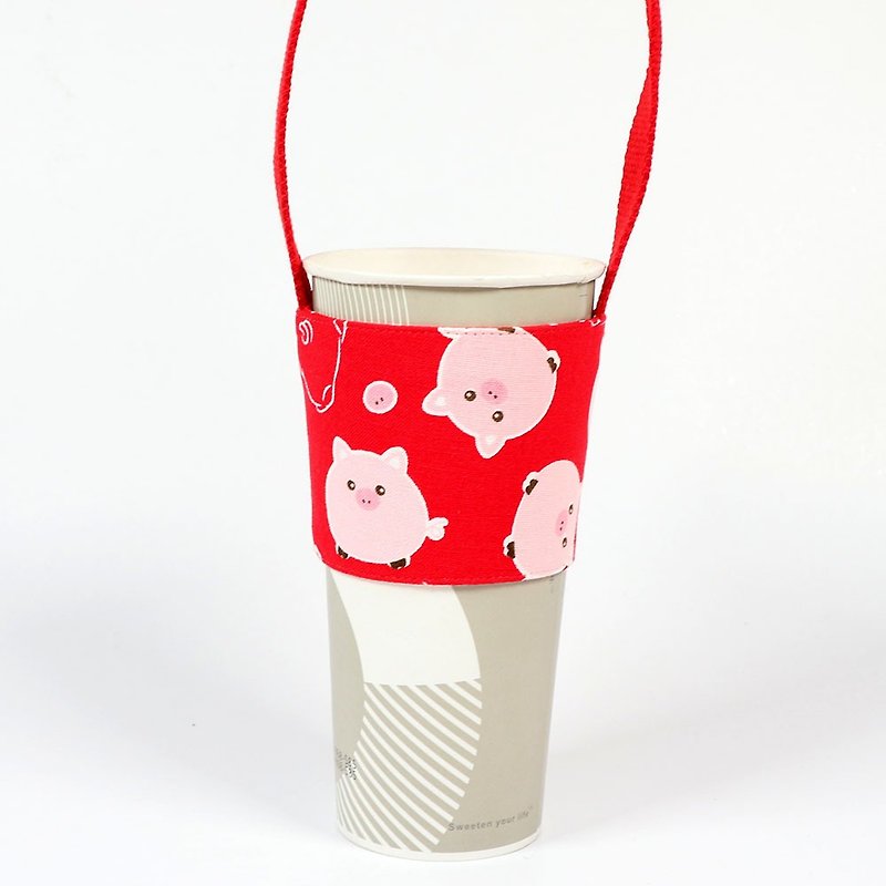 饮料杯套 环保杯套 提袋- 圆圆猪 (红) - 随行杯提袋/水壶袋 - 棉．麻 红色