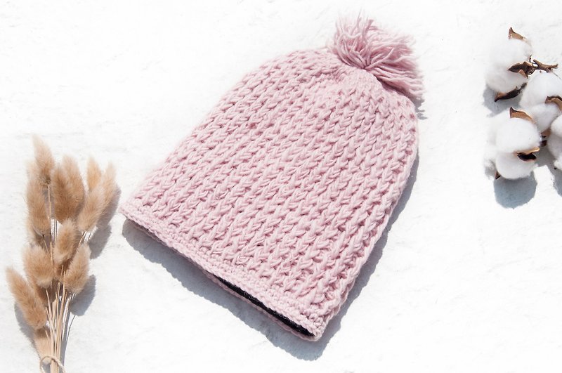 手织纯羊毛帽/针织毛帽/内刷毛手织毛帽/手工针织毛线帽 -淡粉色 - 帽子 - 羊毛 粉红色