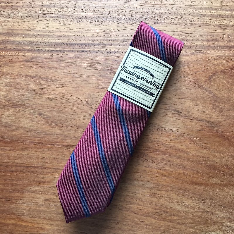Red Blue Skinny Stripe Necktie - 领带/领带夹 - 聚酯纤维 红色