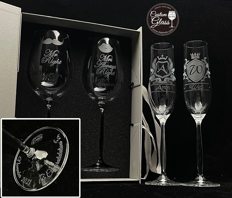 定制化水晶杯杯身连杯底雕刻一对Deluxe Pack–结婚,退休生日礼物 - 酒杯/酒器 - 玻璃 透明