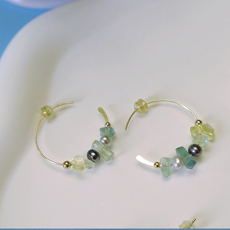 天然柠檬晶黑珍珠天然萤石手工制作大C状耳环 - 耳环/耳夹 - 水晶 绿色