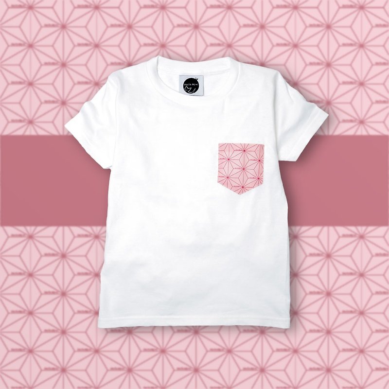 日本传统纹样T恤-麻叶-白-童 - 童装上衣 - 棉．麻 白色