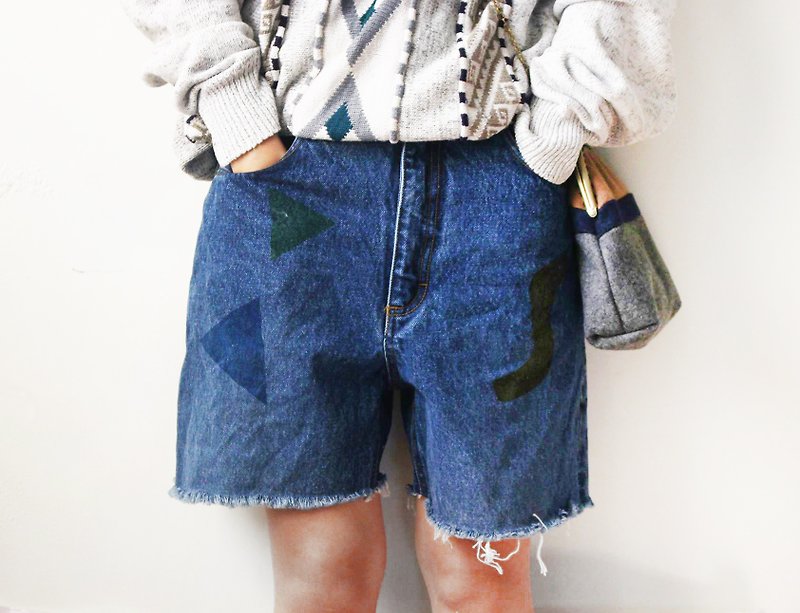 改造几何DKNY高腰牛仔短裤 - 女装长裤 - 棉．麻 蓝色