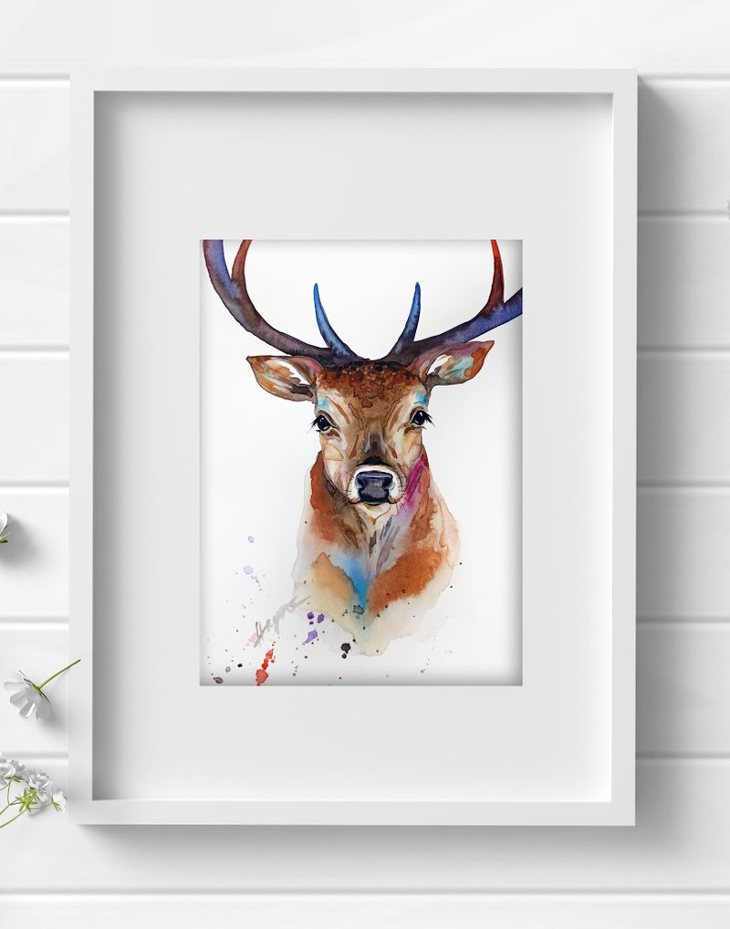 Deer watercolor original animal 8x11 inch aquarelle painting by Anne Gorywine - 墙贴/壁贴 - 纸 银色
