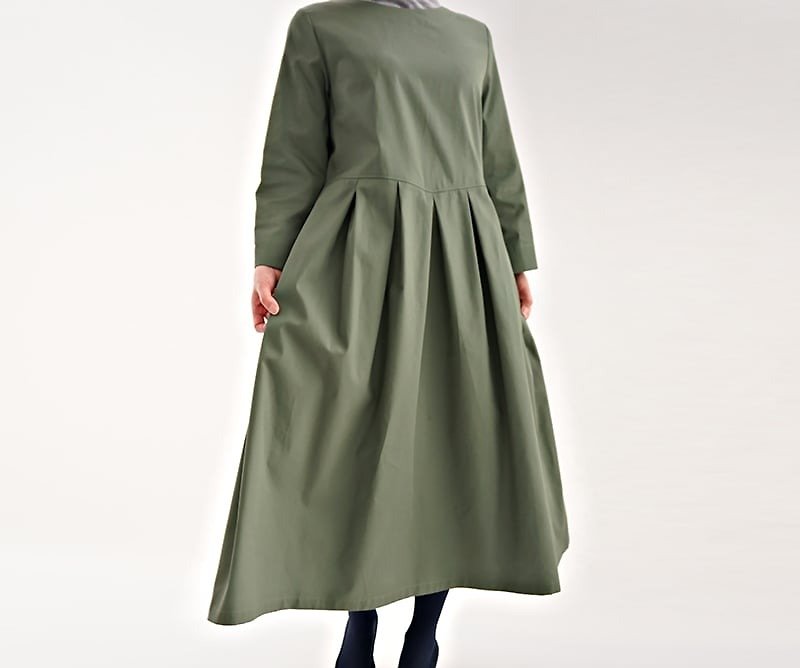 さらすべ高密度コットン　ウエストタック ワンピース/スピナッチグリーン a13-42 - 洋装/连衣裙 - 棉．麻 绿色