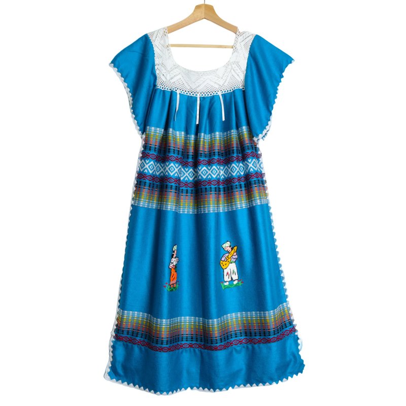 厄瓜多尔尔农民手工刺绣洋装 Ecuadorian Hand Embroidered Dress 古 - 洋装/连衣裙 - 聚酯纤维 蓝色