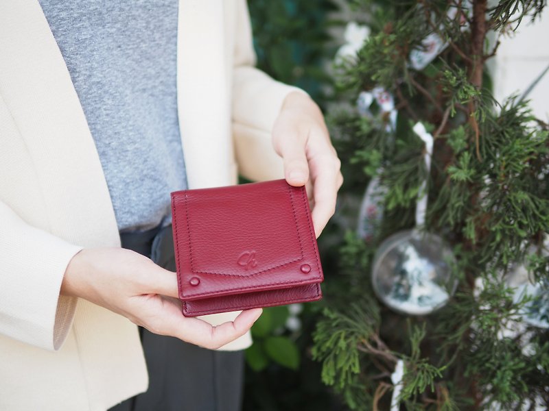 Hannah (Burgundy) : Small leather short wallet, folded wallet - 皮夹/钱包 - 真皮 红色