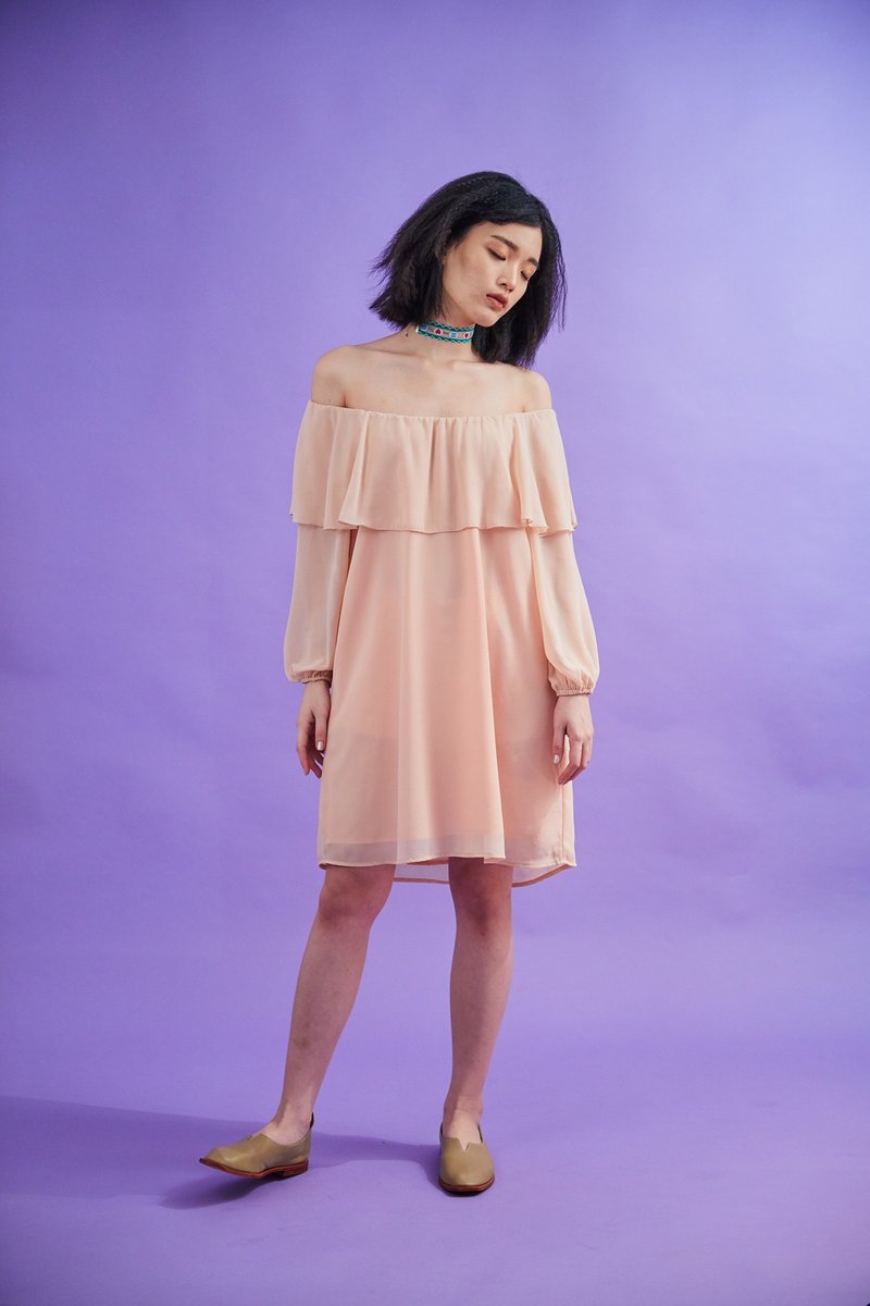 Open flare shoulder dress (beige) - 洋装/连衣裙 - 棉．麻 橘色