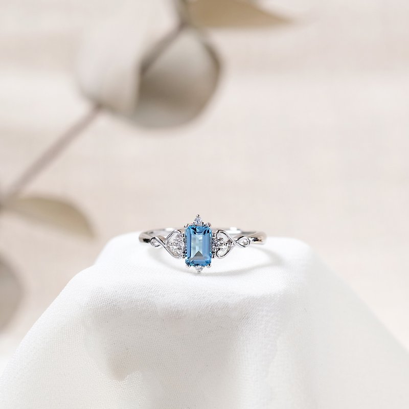 瑞士蓝托帕石 Topaz 925纯银 戒指 爪镶双心可爱 11月诞生石 - 戒指 - 纯银 蓝色