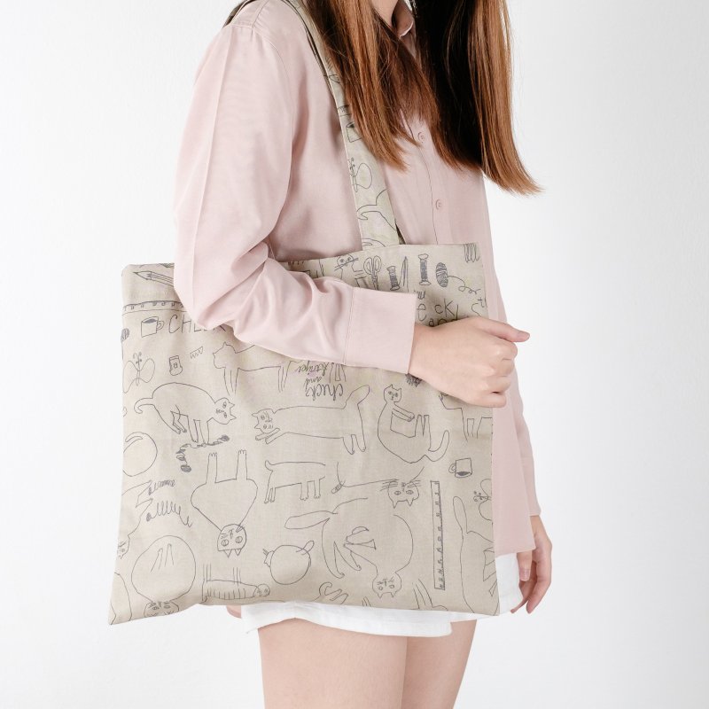 Light Brown Linen Tote Bag with Cat Pattern - 侧背包/斜挎包 - 棉．麻 咖啡色