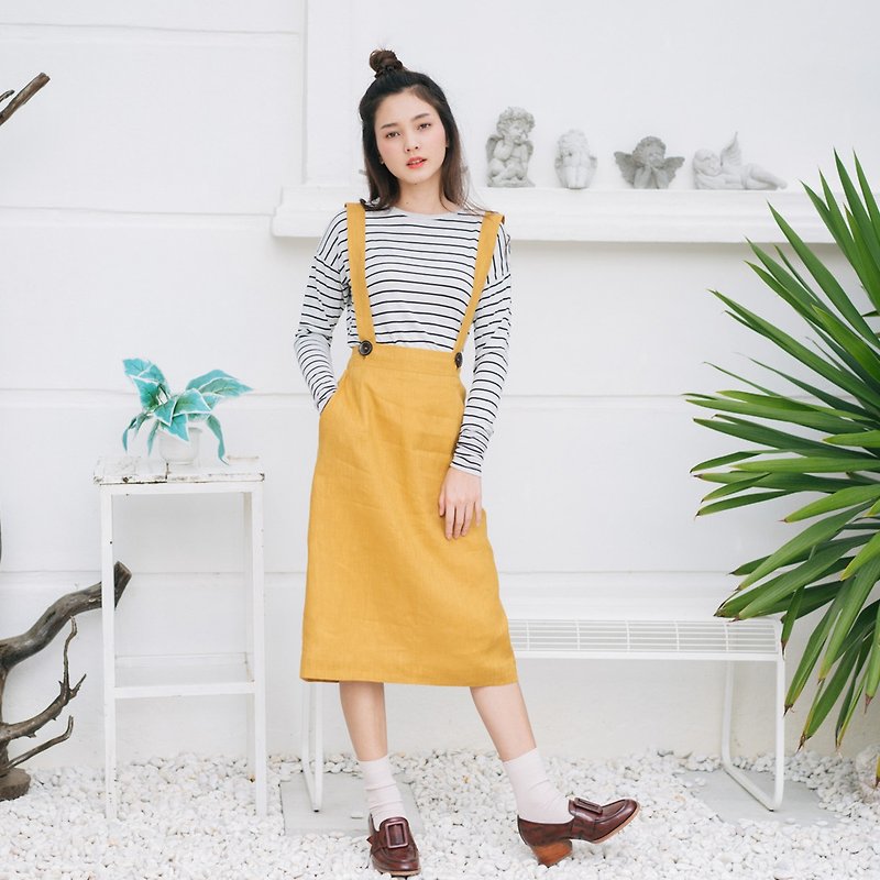 【Off-season sale】Overall Skirt - Yellow Mustard - 背带裤/连体裤 - 亚麻 黄色