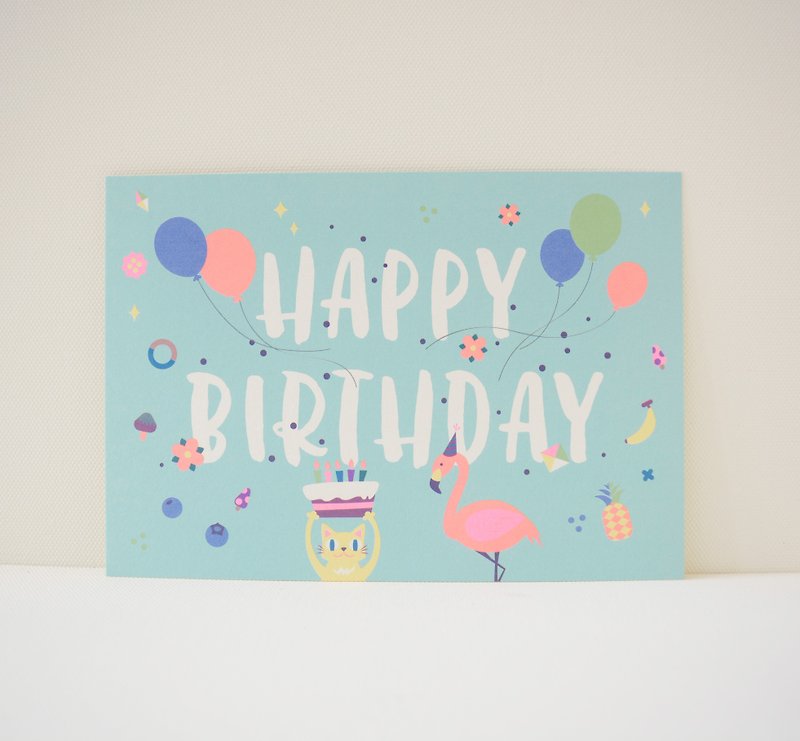 版印明信片：生日卡-生日快乐-猫咪、红鹤与蛋糕 - 卡片/明信片 - 纸 蓝色