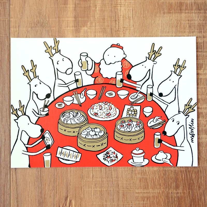 圣诞卡-新款2018圣诞老人与麋鹿日常明信片8号: 圣诞大餐 - 卡片/明信片 - 纸 红色