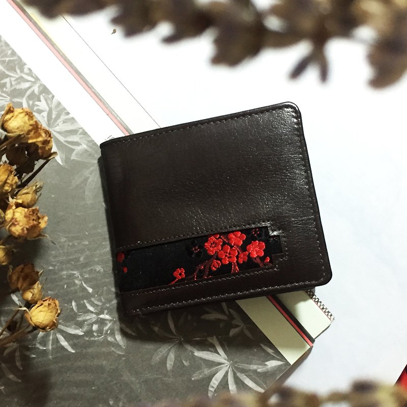 红梅蚕丝缎布+小牛皮革短夹、皮夹(限量两个) - 皮夹/钱包 - 真皮 