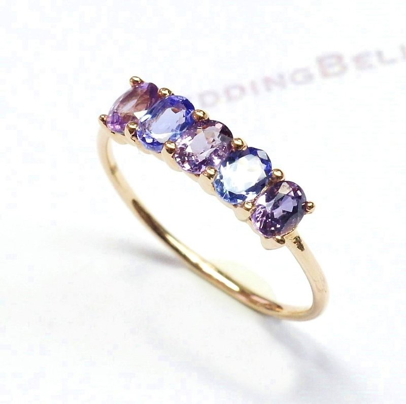 18K玫瑰金 / 紫色彩蓝宝石配坦桑石线介指 / 旦形 (免运费) - 戒指 - 宝石 蓝色