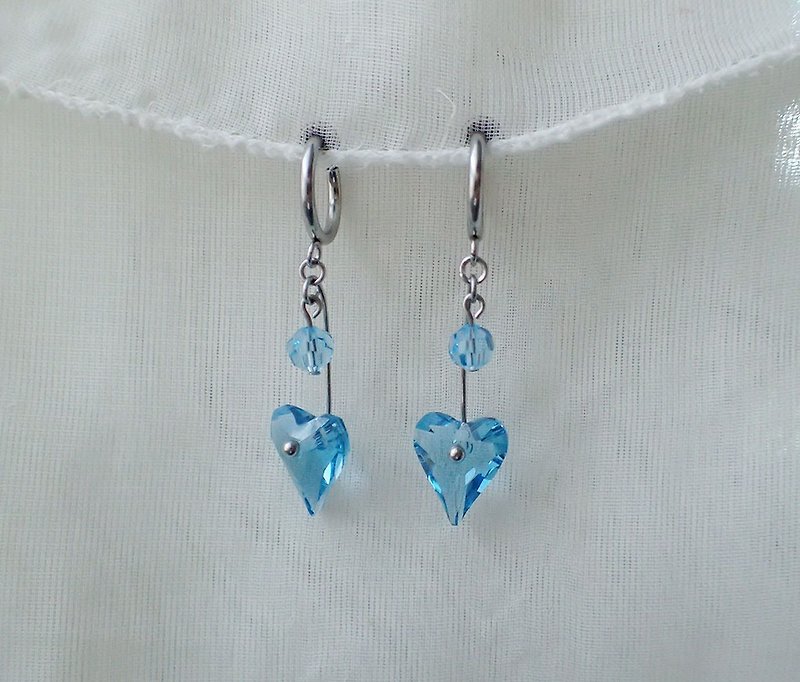 爱心, 施华洛世奇元素 & 不锈钢 耳圈夹 耳环 (一对) - 耳环/耳夹 - 玻璃 蓝色