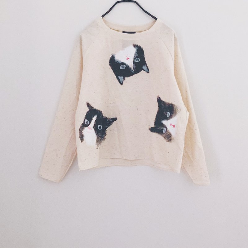 Cat Cat Cat - Long sleeve Top / Shirt - 女装上衣 - 棉．麻 白色