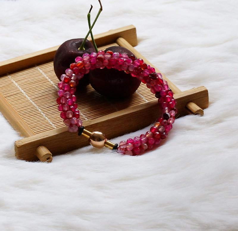 Kumihimo手织日本玻璃珠 + 切面玛瑙手錬 SPS-02 ( Handmade Kumihimo Faceted Agate Bracelet ) - 手链/手环 - 宝石 粉红色