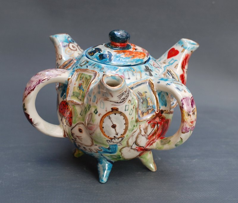 不寻常的茶壶爱丽丝仙境三嘴茶壶疯狂茶会瓷器艺术 - 茶具/茶杯 - 瓷 多色
