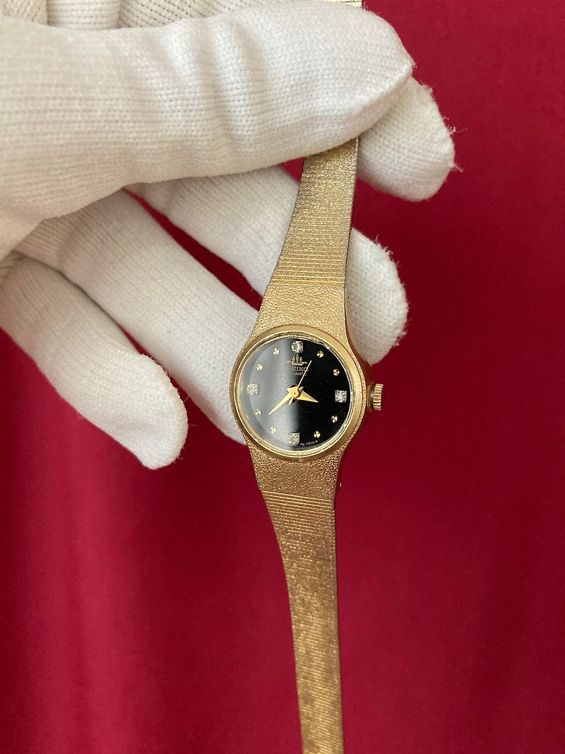 SEIKO 镶钻时标 金色黑盘 皇冠logo系列 手工表带 古董表 - 女表 - 其他材质 金色