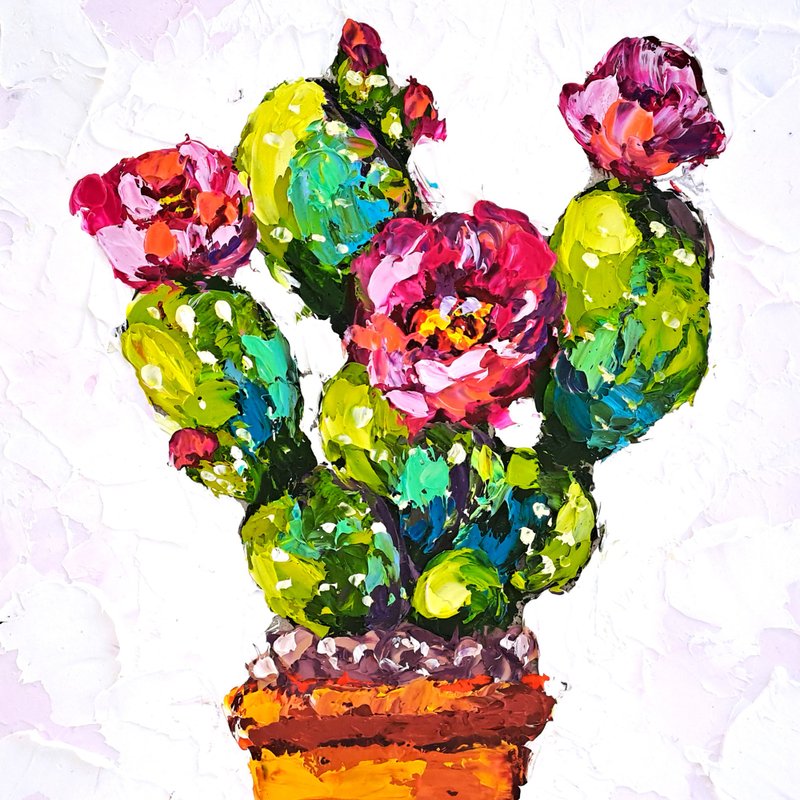 Cactus Painting Floral Original Art Cacti Oil Painting Succulent Impasto Artwork - 海报/装饰画/版画 - 其他材质 多色