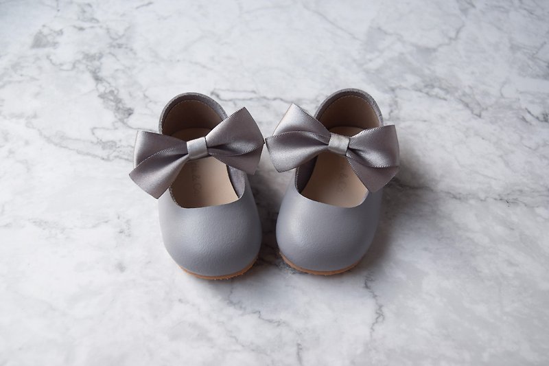 灰色缎带婴儿鞋 手作学步鞋 女童鞋 小女孩礼物 周岁礼物 花童鞋 - 童装鞋 - 真皮 金色