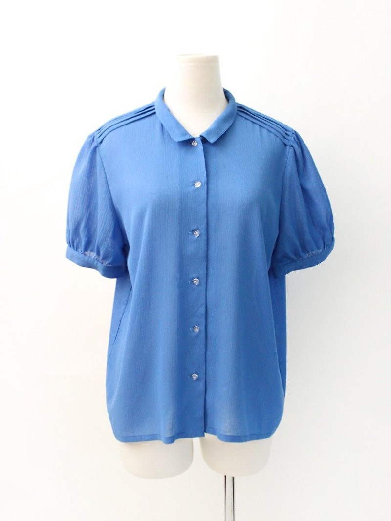 复古日本制法式典雅水蓝色素色短袖古着衬衫 Vintage Blouse - 女装衬衫 - 聚酯纤维 蓝色