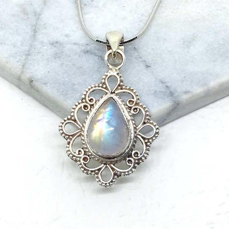 月光石925纯银蕾丝花边设计项链 尼泊尔手工镶嵌制作 - 项链 - 宝石 蓝色