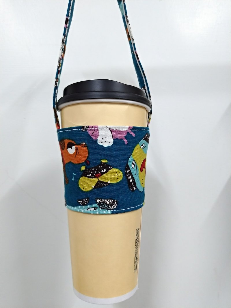 饮料杯套 环保杯套 手摇饮料袋 咖啡袋 手提袋 -狗狗(蓝绿色底)  - 随行杯提袋/水壶袋 - 棉．麻 