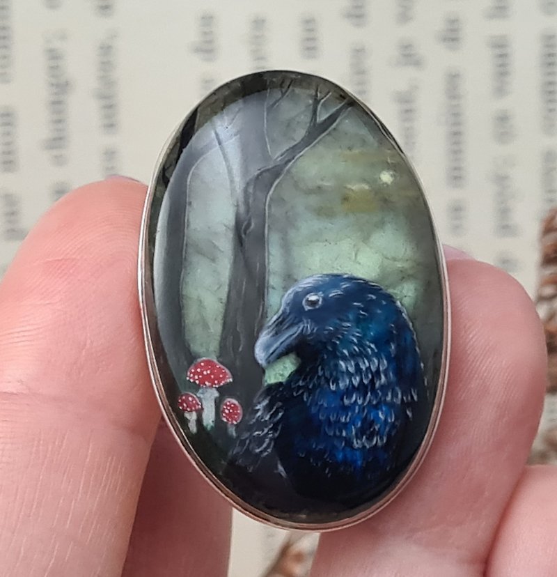 Raven ring Labradorite ring Stone painting Aaa large labradorite crow ring - 戒指 - 石头 多色