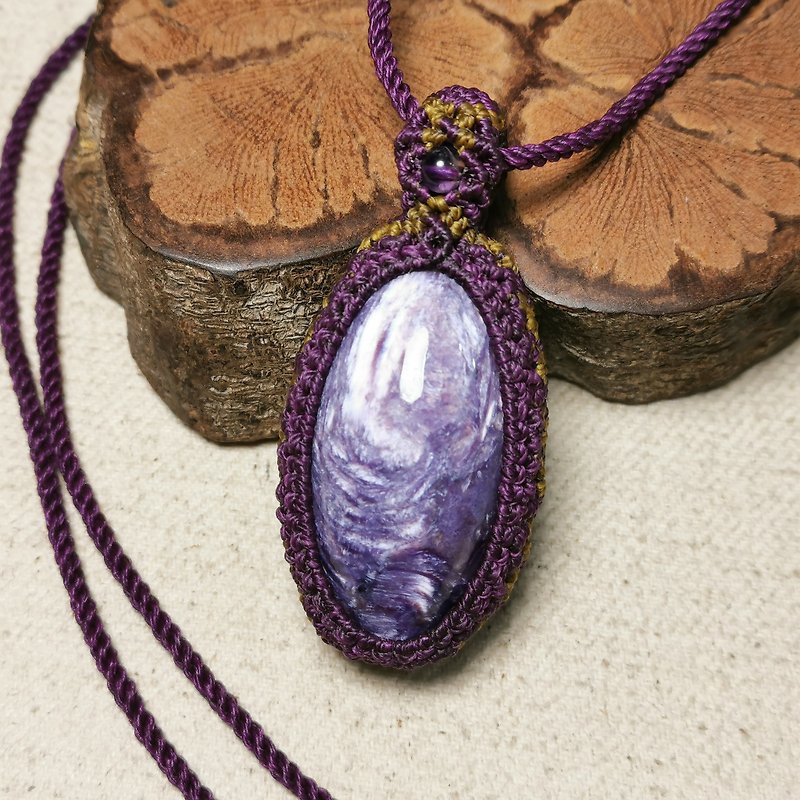 龙纹紫龙晶大桶珠/可转动-蜡线编织/图腾包框设计/项链可调整长度 - 项链 - 半宝石 紫色
