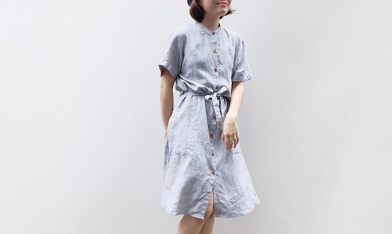 Mandarin Ribbon Dress ( MAY Dress ) : Striped pattern - 洋装/连衣裙 - 棉．麻 白色