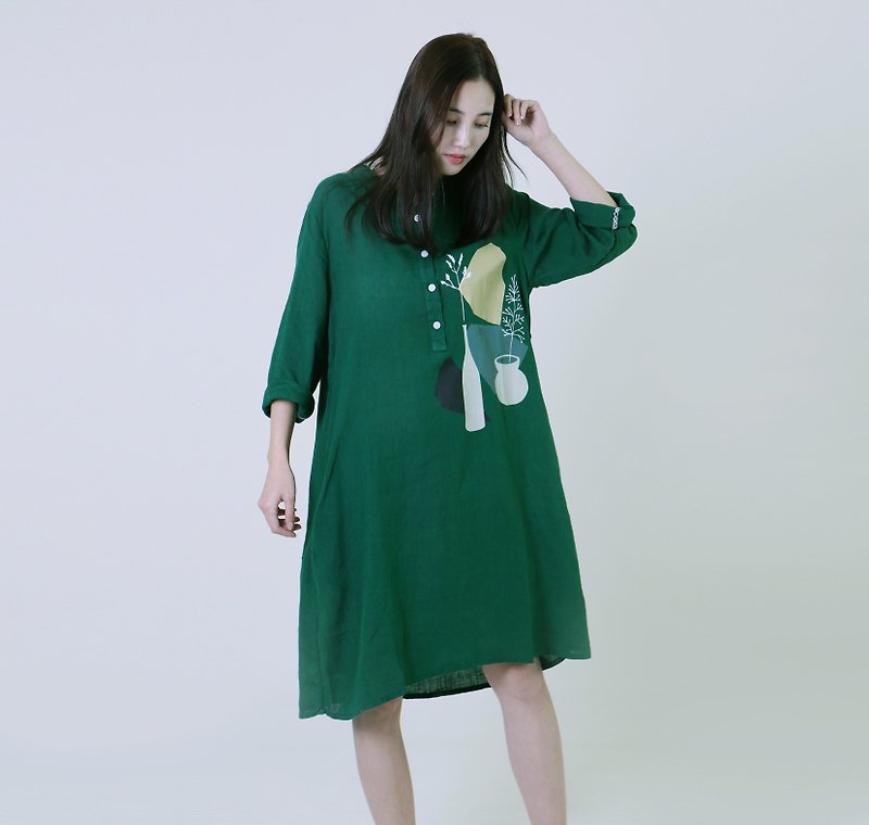 +长版洋装/绿+ - 洋装/连衣裙 - 棉．麻 绿色