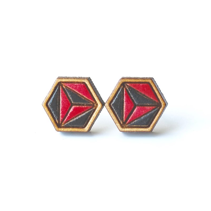 彩绘木耳环-三六角（黑红） - 耳环/耳夹 - 木头 红色