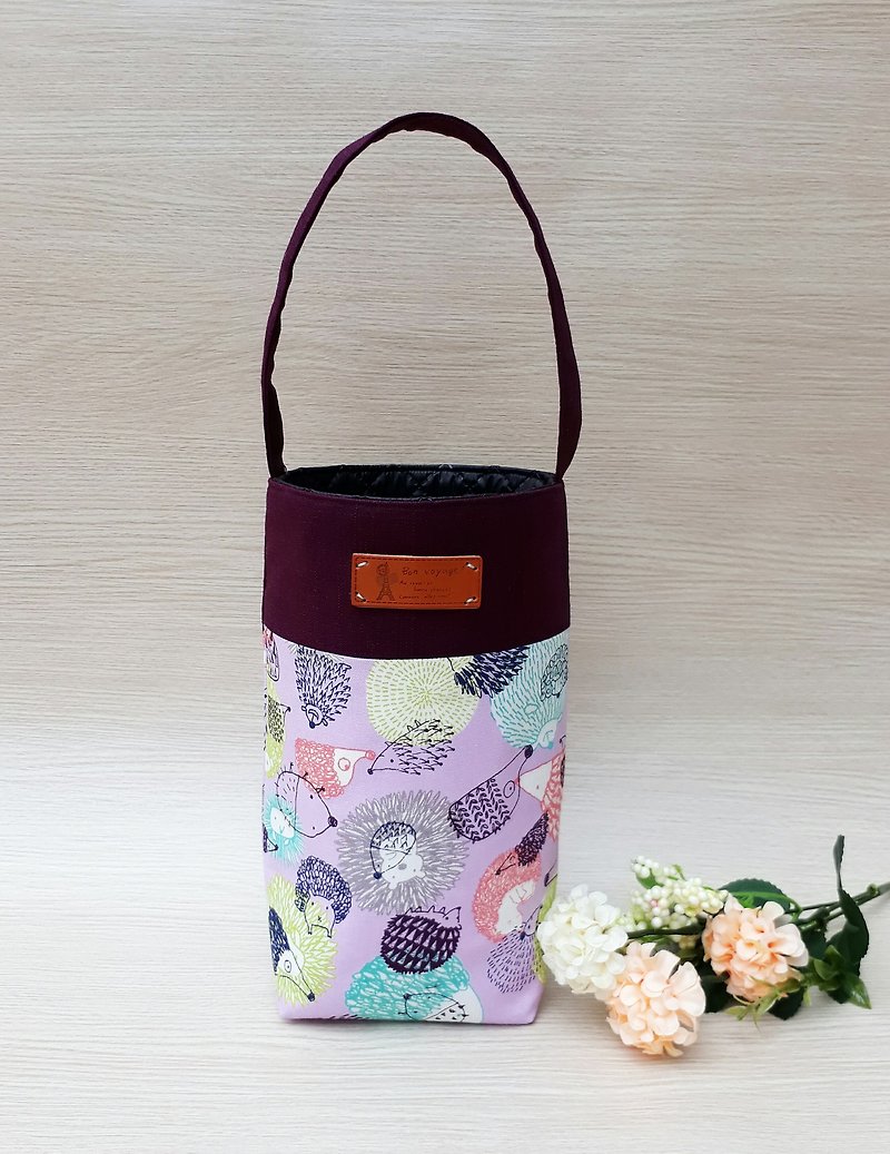 【饮料提袋】紫色小刺猬 - 随行杯提袋/水壶袋 - 棉．麻 紫色