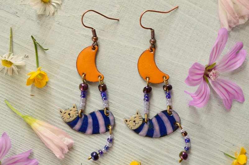 Jerwelry, Earrings, Cat Earrings, Enamel Jewelry, Purple, Orange, Stiped, - 耳环/耳夹 - 珐琅 紫色