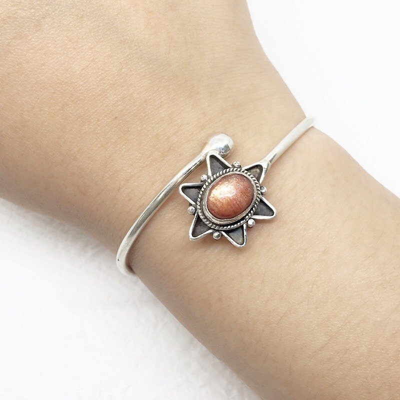 太阳石日光石925纯银星星设计手环 尼泊尔手工镶嵌制作 - 手链/手环 - 宝石 橘色