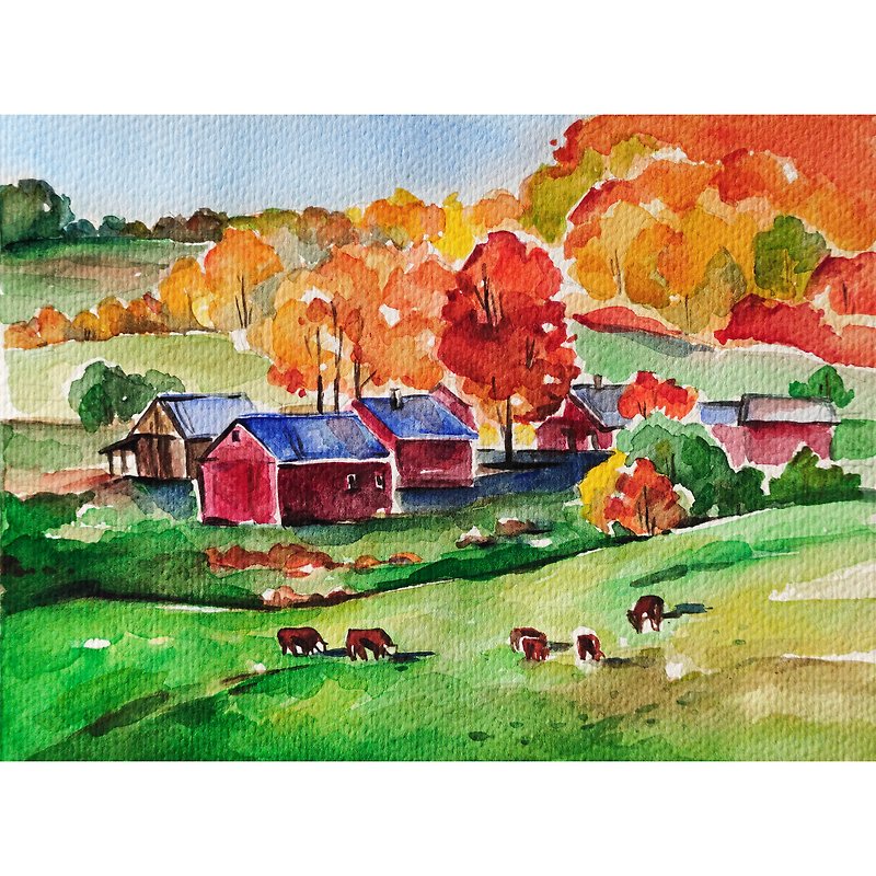 Vermont painting fall original art farm landscape painting watercolor wall art - 海报/装饰画/版画 - 纸 橘色