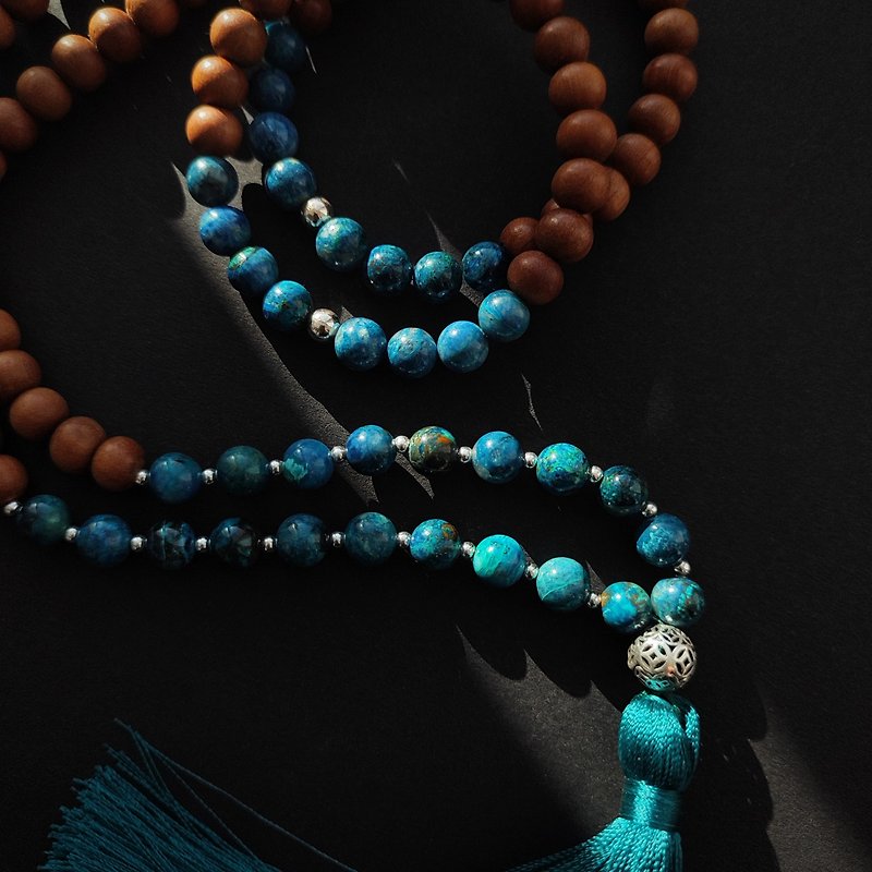 108 颗 Mala 和手链奢华硅孔雀石和印度檀香珠 - 项链 - 木头 蓝色
