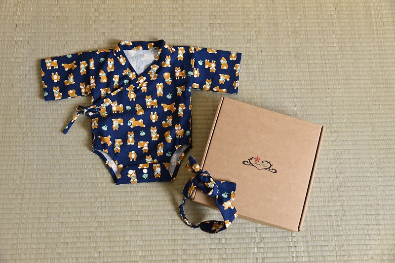 可爱日本柴犬 日式和风包屁衣礼盒组 - 满月礼盒 - 棉．麻 蓝色