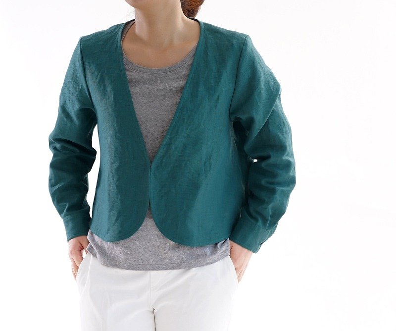 ベルギーリネン カフスシャツ袖のVネックボレロ/エンパイアグリーン h001c-epb2 - 女装休闲/机能外套 - 棉．麻 绿色