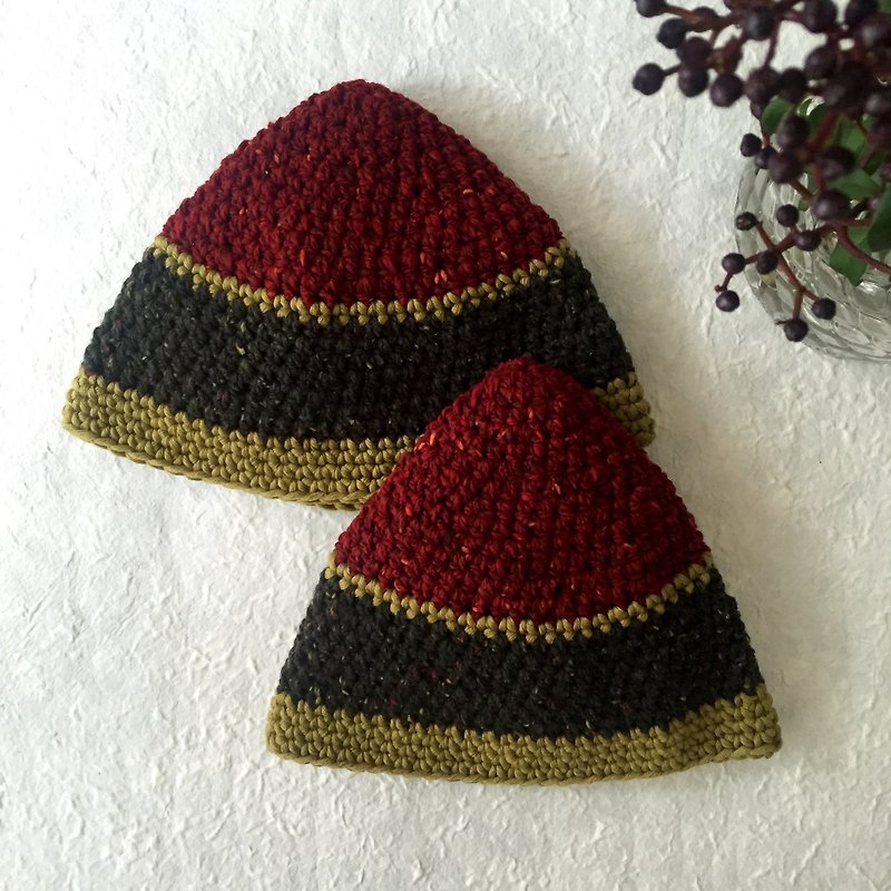 "山形"轻羊毛帽子  限量品(小号）   砖红 x 墨绿色 - 帽子 - 羊毛 红色