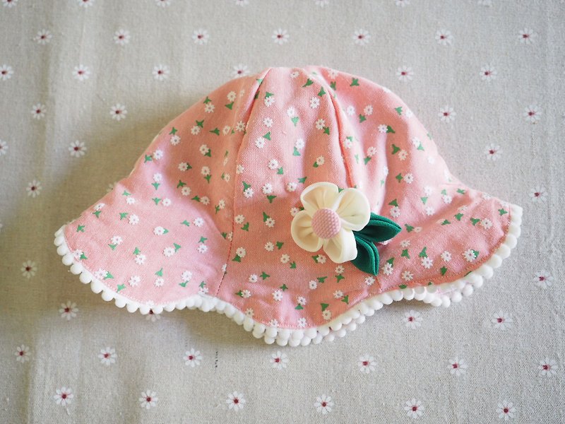 手作双面粉红小白碎花防晒防风帽子及小布花发夹礼物套装 - 婴儿帽/发带 - 棉．麻 粉红色